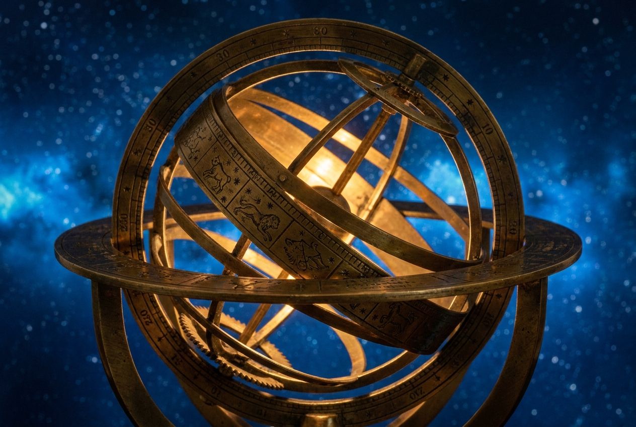 A dramatic, close-up photograph of an intricate, antique brass astrolabe or armillary sphere, its various rings and pointers perfectly aligned, suggesting a complex cosmic formula being revealed. The background is a soft, deep blue night sky with shimmering stars, emphasizing the celestial connection and the precision of astrological synthesis. Photorealistic, 3:2 landscape.