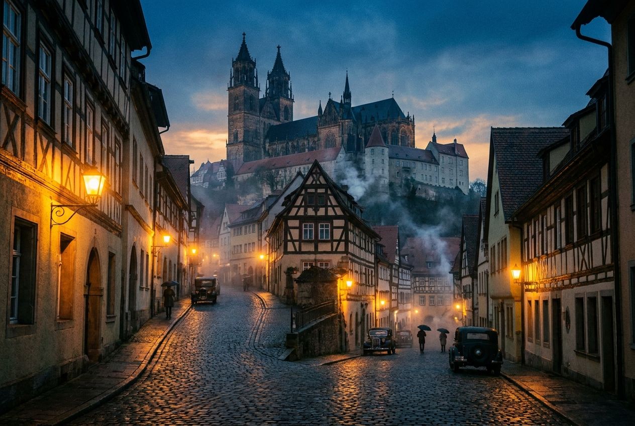 A dramatic wide-angle photograph of a winding cobblestone street in a historic German town at dusk, illuminated by warm streetlights, leading towards a majestic, ancient castle or cathedral in the distance, evoking a journey through time. The scene is captured in a 3:2 landscape frame with rich, moody lighting.