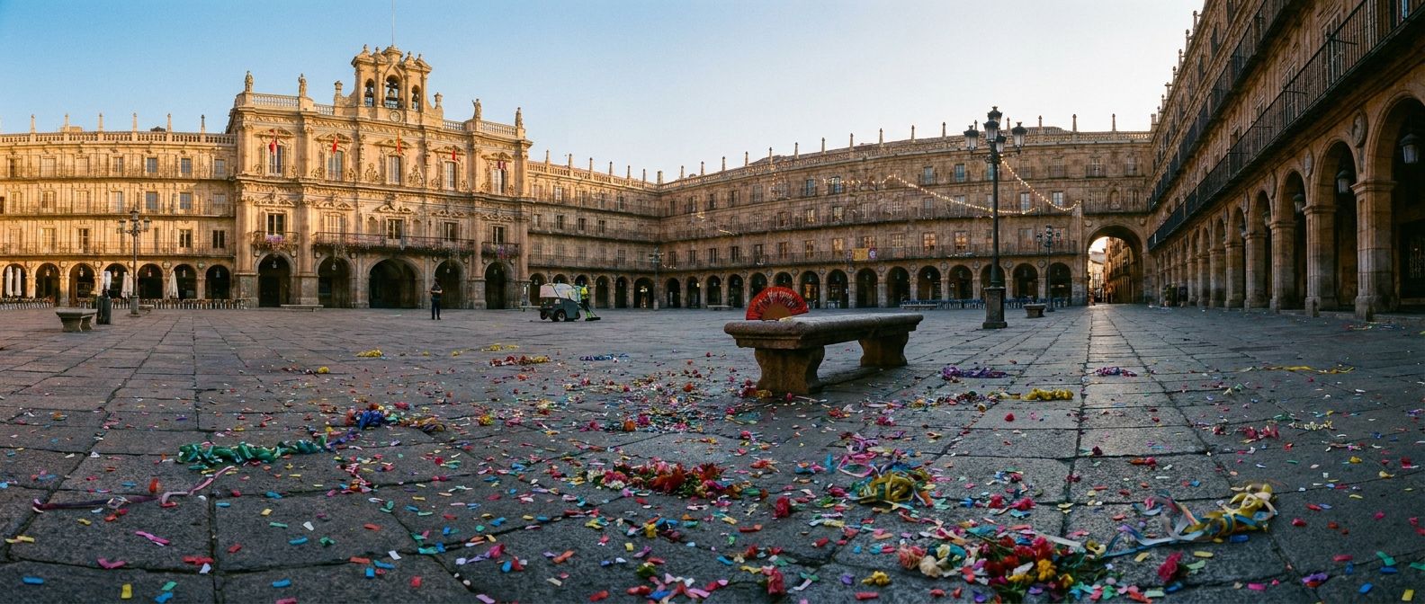 A wide, atmospheric photograph of a historic Spanish plaza at dawn, after a vibrant local festival. The plaza is mostly empty, but traces of the previous night remain: scattered colourful confetti, a forgotten flamenco fan on a stone bench, and distant streetlights still glowing. The scene is bathed in soft, golden morning light, evoking a sense of recent past and quiet reflection.
