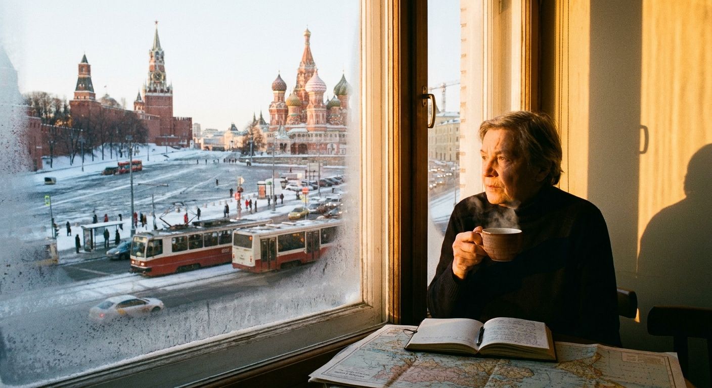 A thoughtful person sits by a large window, gazing out at a bustling, snow-dusted Moscow street at dawn, holding a steaming cup of tea. The soft, warm light of the rising sun casts long shadows across the scene, hinting at future plans and the unfolding of a new day.