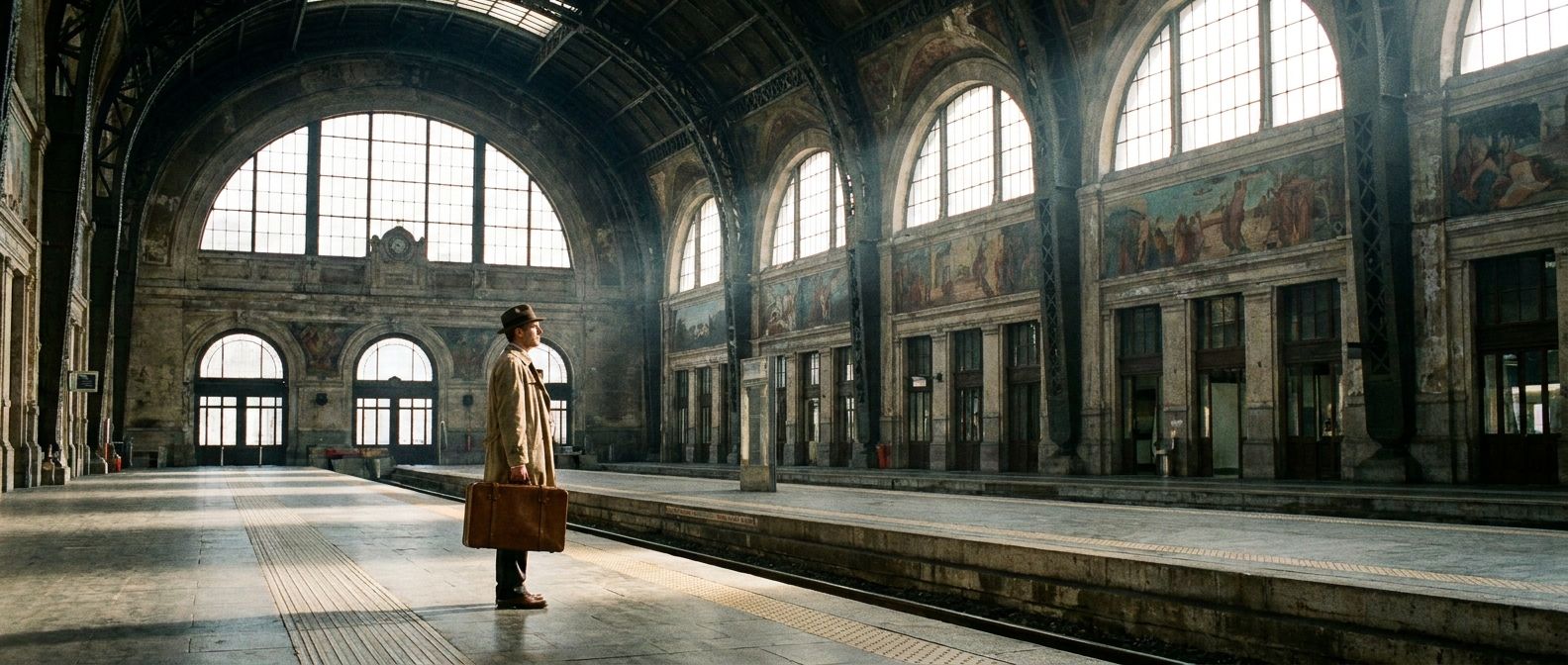 A dramatic, wide-angle photograph inside a grand, old Italian train station. Sunlight streams through large arched windows, illuminating the vast, empty space. A lone figure stands thoughtfully on the platform, looking towards the tracks, embodying a sense of departure and anticipation.