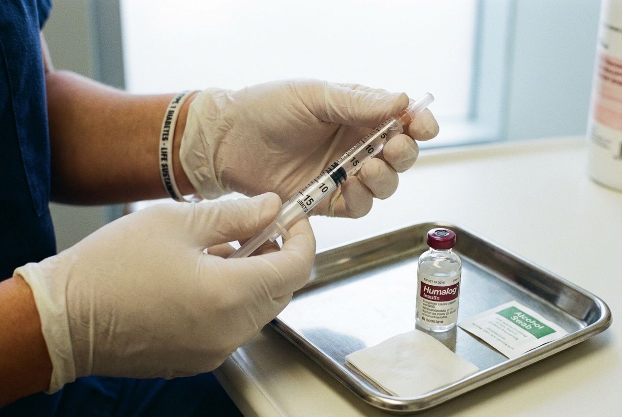 A close-up photograph of a medical professional's hands preparing an insulin injection, with a focus on the precise measurement of the dose in the syringe, emphasizing the life-sustaining role of insulin for a person with Type 1 diabetes. The lighting is bright and clinical, conveying a sense of medical precision.