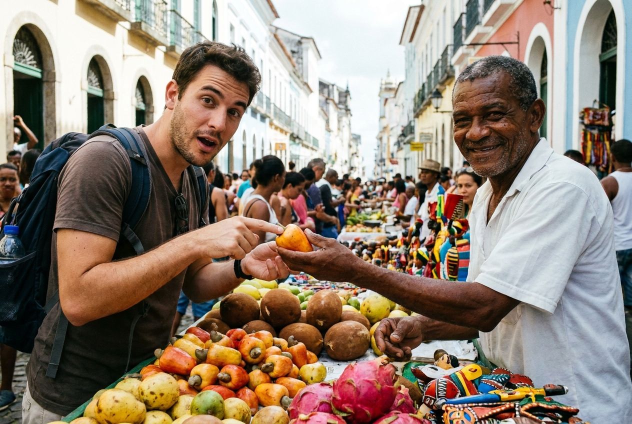 A vibrant, close-up photograph captures a friendly interaction between a curious traveler and a local vendor at a bustling street market in a colorful Brazilian city, like Salvador. The traveler has an open, slightly questioning expression, hinting at inquiry, while the vendor smiles warmly amidst a display of exotic fruits and crafts. The scene evokes a sense of discovery and conversation in a lively, authentic Brazilian setting, composed for a 3:2 landscape frame.