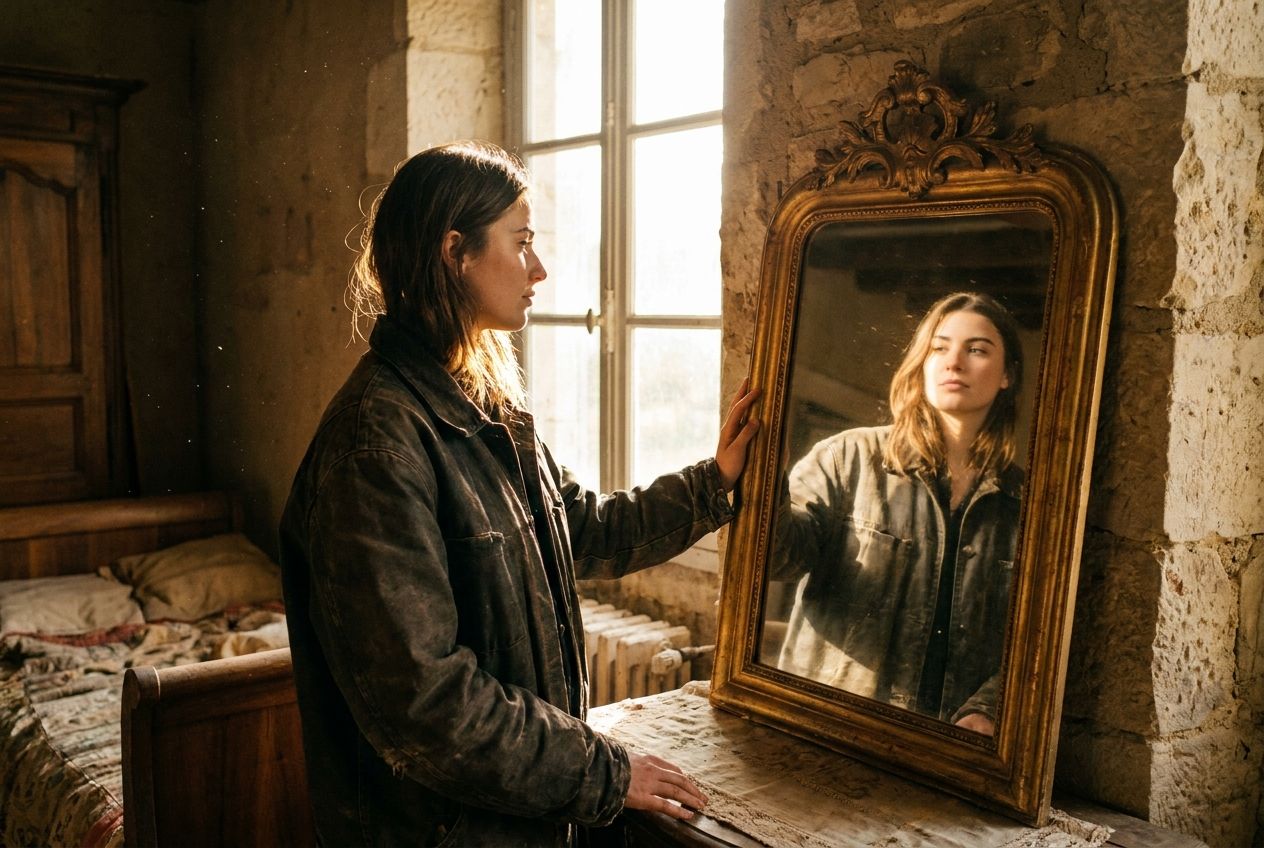 A striking, cinematic photograph of a young woman looking intently at her reflection in a large, ornate antique mirror. Her expression is one of self-awareness and quiet confidence, emphasizing individual action and personal agency. The scene is lit with dramatic, soft natural light, highlighting her solitary figure in a 3:2 landscape frame.