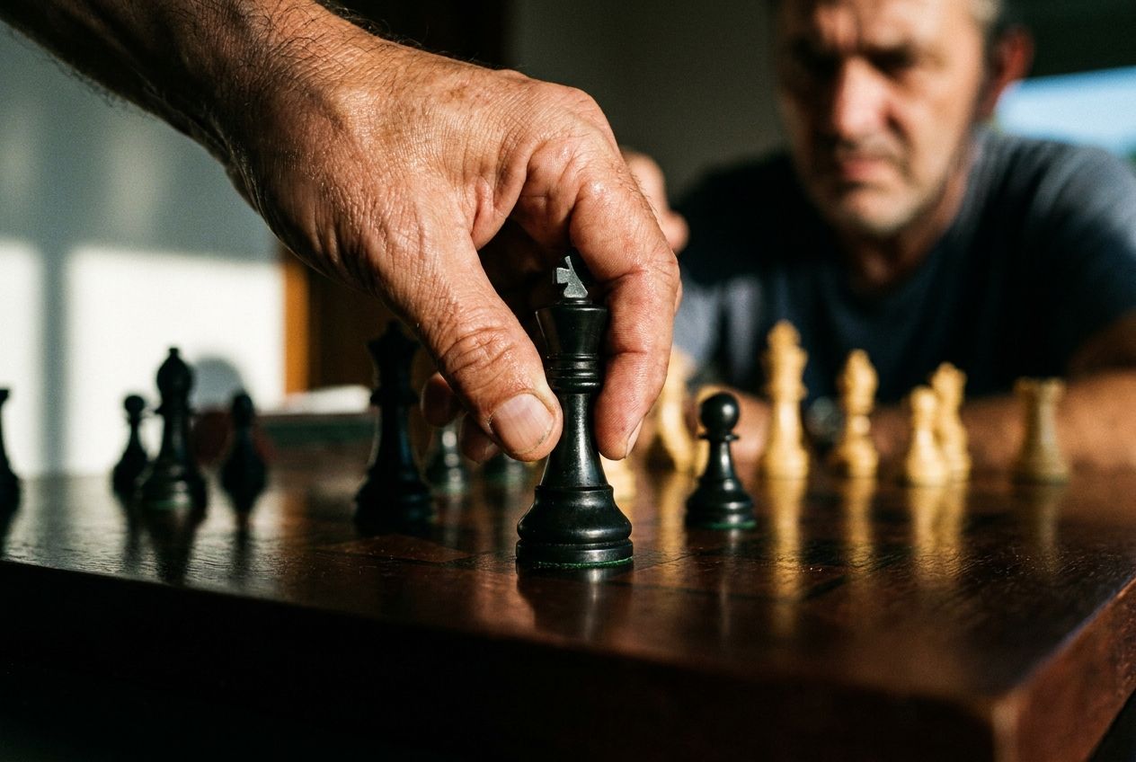 A dramatic, low-angle, close-up photograph of a hand powerfully placing a chess piece onto a dark, polished board, mid-game. The focus is on the decisive moment of the move, with the hand and piece sharply defined against a subtly blurred background of other chess pieces. Dramatic lighting casts strong shadows, emphasizing strategic intensity and the competitive entry into play, composed for a 3:2 landscape frame.