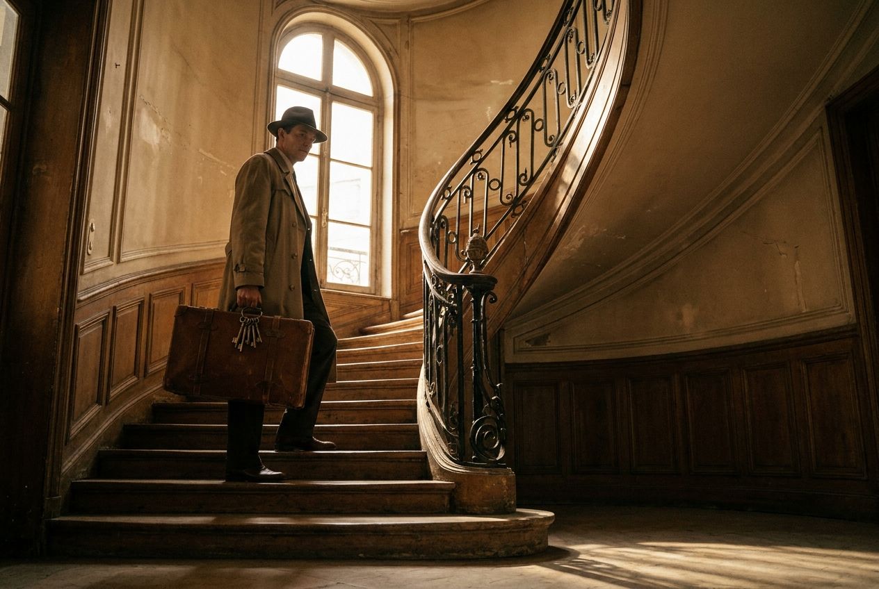 A dramatic, cinematic photograph of a person mid-action on a grand, ornate spiral staircase inside a classic Parisian building, composed for a 3:2 landscape frame. They are ascending the first step, holding a vintage leather suitcase in one hand and a set of antique keys in the other. Sunlight streams through a tall window, creating a play of light and shadow, emphasizing the architectural details and evoking a sense of a past story with rich, warm tones.