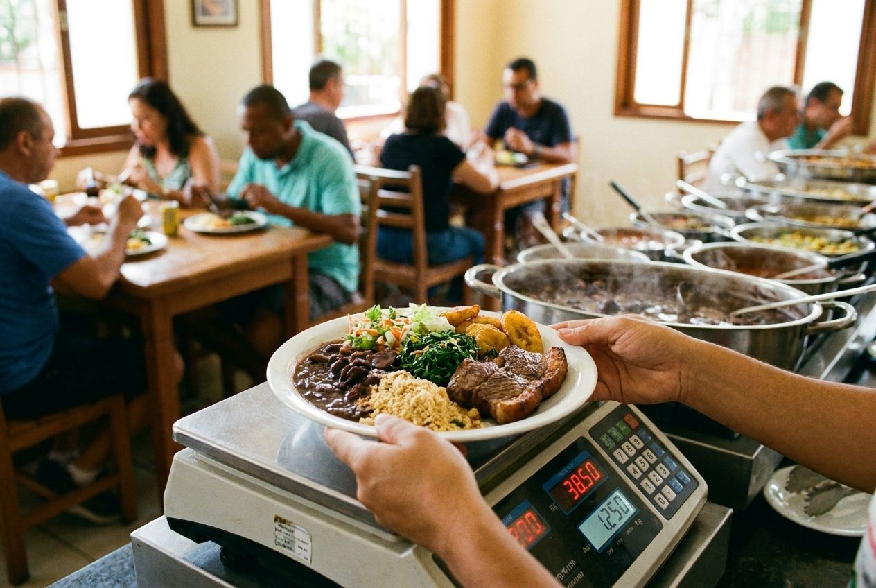 A vibrant, eye-level photograph inside a bustling Brazilian 'restaurante por quilo', capturing a person's hands as they place a colorful, generously-filled plate of food onto a digital weighing scale. In the soft-focused background, other diners enjoy their meals at tables and a rich, diverse self-service buffet is visible, all bathed in warm, inviting natural light, composed for a 3:2 landscape frame.