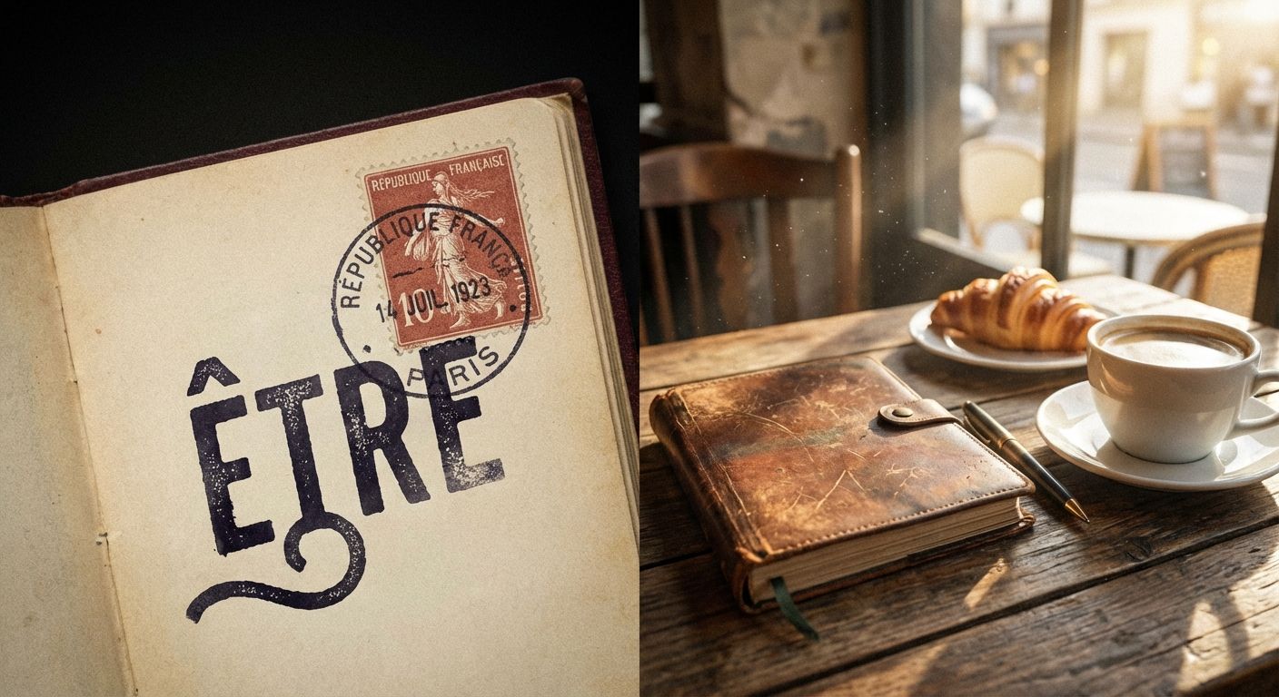The image presents a diptych featuring a vintage, rustic aesthetic. On the left, an open book with aged pages displays a stamp featuring the words "RÉPUBLIQUE FRANÇAISE" and "PARIS" along with the French word "ÊTRE" stamped boldly across the page. The overall tone is sepia and nostalgic.

On the right, a scene from a French cafe unfolds. A well-worn leather-bound journal sits on a weathered wooden table beside a pen, a white coffee cup with saucer, and a croissant. The background features a sunlit street view, implying a warm morning atmosphere. The colors are muted, dominated by browns and creams, enhancing the image's vintage feel.