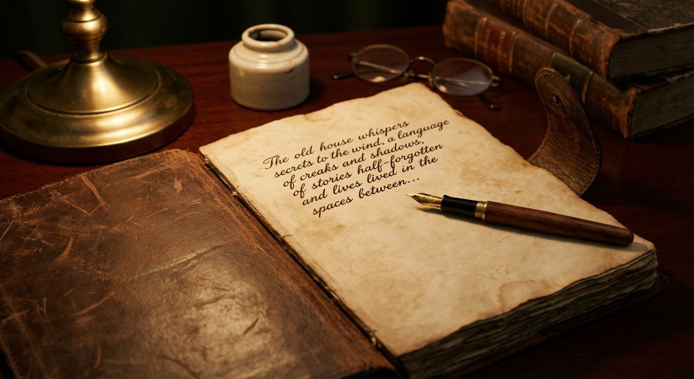 This image has a warm, nostalgic and vintage style, as if captured under dim, golden lamplight. The color palette leans toward browns, creams, and touches of gold. The main subject is an open, antique-looking book with yellowed, aged pages. One page is inscribed with a quote in elegant script. A wooden fountain pen rests on the open book.

The composition includes various objects arranged around the book: a small ceramic inkwell, a pair of round spectacles, a stack of old hardcover books, and the base of a brass lamp. All the objects are positioned on a dark wooden surface. The photograph utilizes a shallow depth of field to draw focus to the book and pen, with the surrounding elements softly blurred.