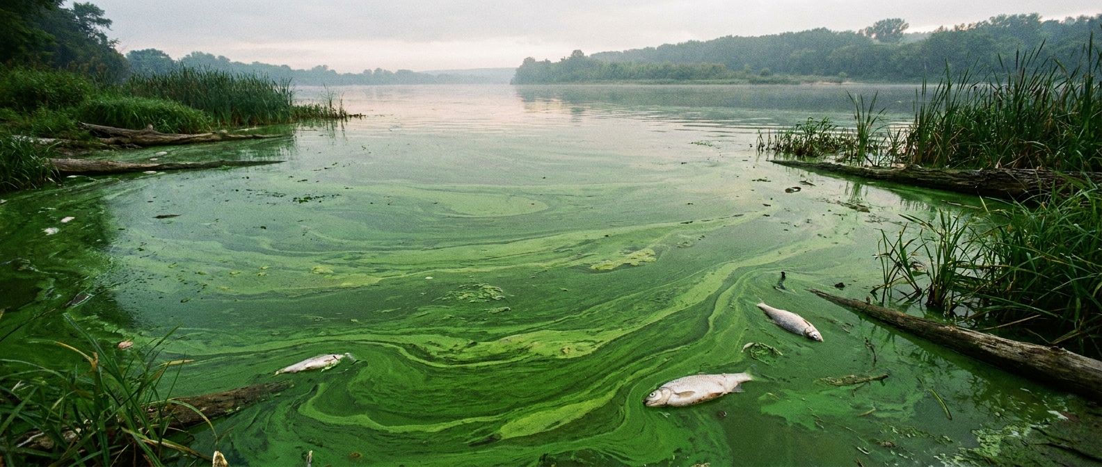 A striking, wide-angle photograph of a tranquil lake or slow-moving river, its surface thickly covered by a vibrant, unsettling green algal bloom. Scattered within the dense green, a few lifeless fish float, their pale bellies starkly visible against the murky water, conveying a powerful sense of environmental damage.