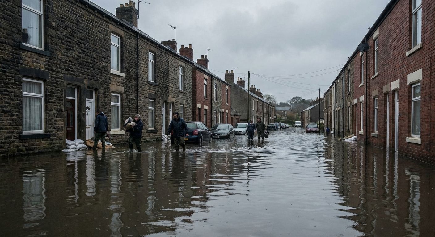 A flooded village street in England, water waist-high, with row houses reflecting in the water. Overcast sky, desaturated colors, somber mood.