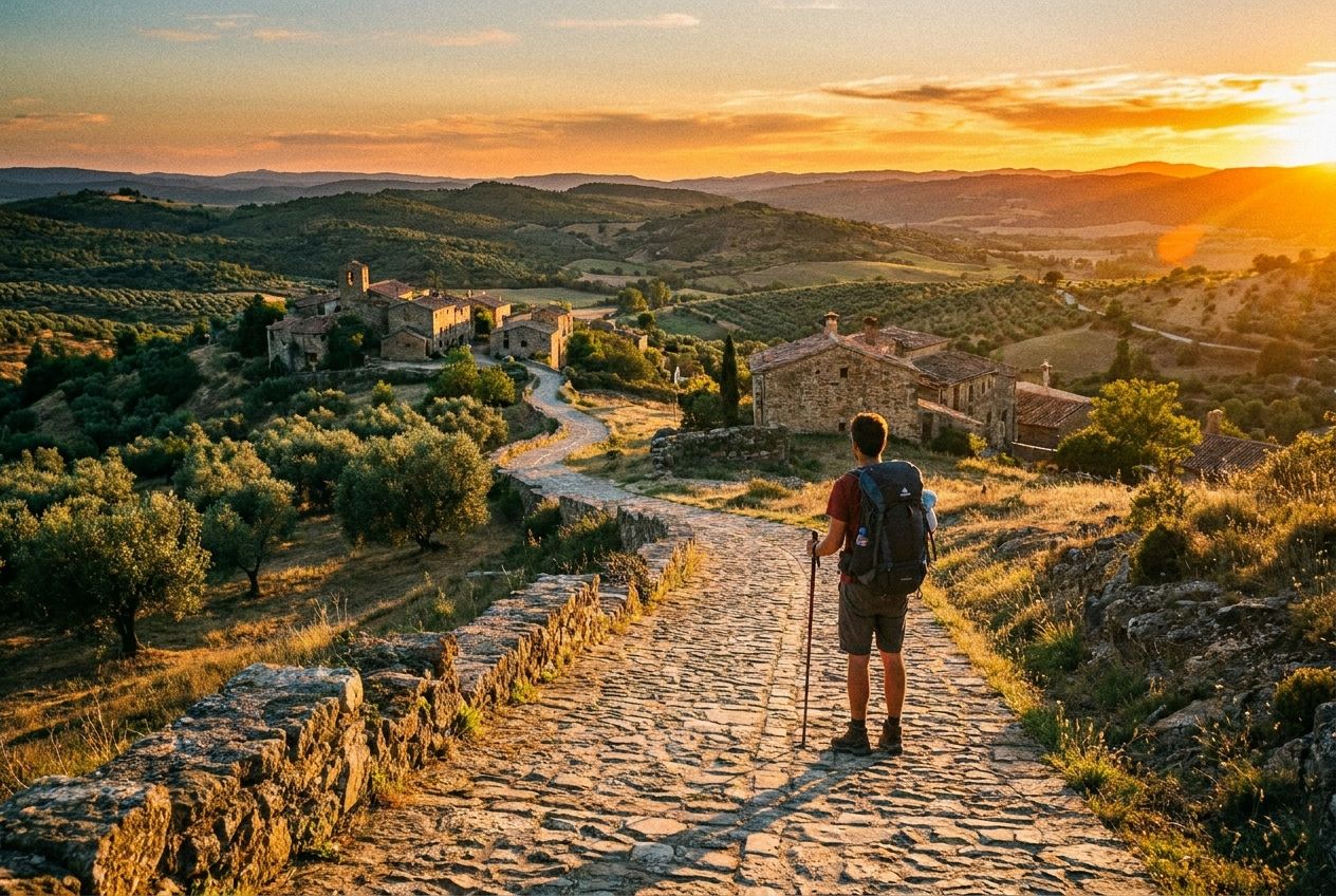 A lone figure stands on a winding, ancient stone path that stretches into the distance through a sun-drenched, rolling Spanish landscape, looking towards the horizon as the sun sets. The scene evokes a sense of journey, reflection, and the passage of time, composed as a vivid photograph for a 3:2 landscape.