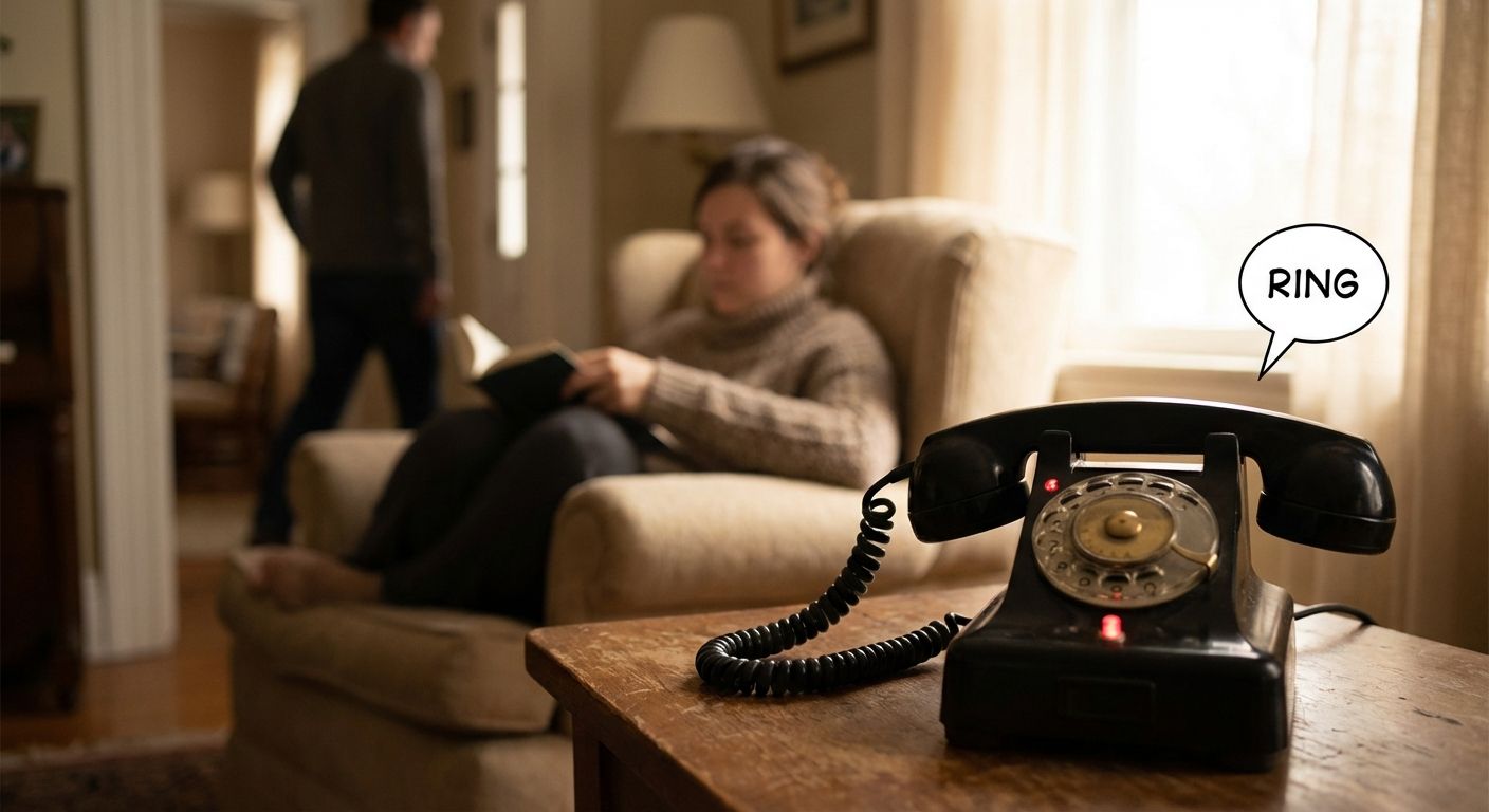 A tranquil, softly lit interior scene features a person deeply engrossed in reading a book, creating a sense of ongoing background activity. In stark contrast, a vintage rotary telephone in the sharp foreground is captured mid-ring, its sudden, clear presence interrupting the serene moment.