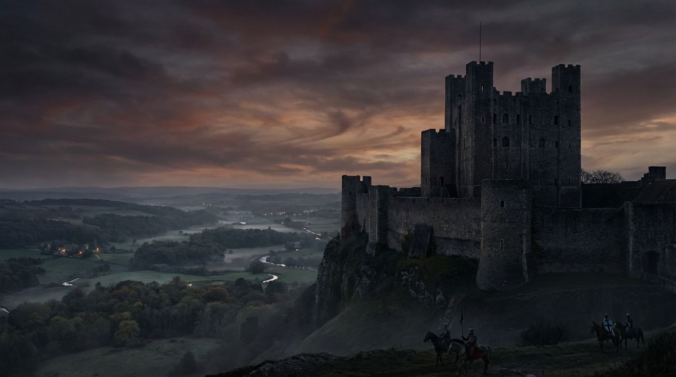 A dramatic wide-angle photograph of a formidable Norman castle, its towering stone walls and keep silhouetted against a brooding, dramatic sky at dusk. Below, a vast, misty English landscape stretches into the distance, hinting at the controlled territories and royal forests, conveying the immense power and new social order established by William I.