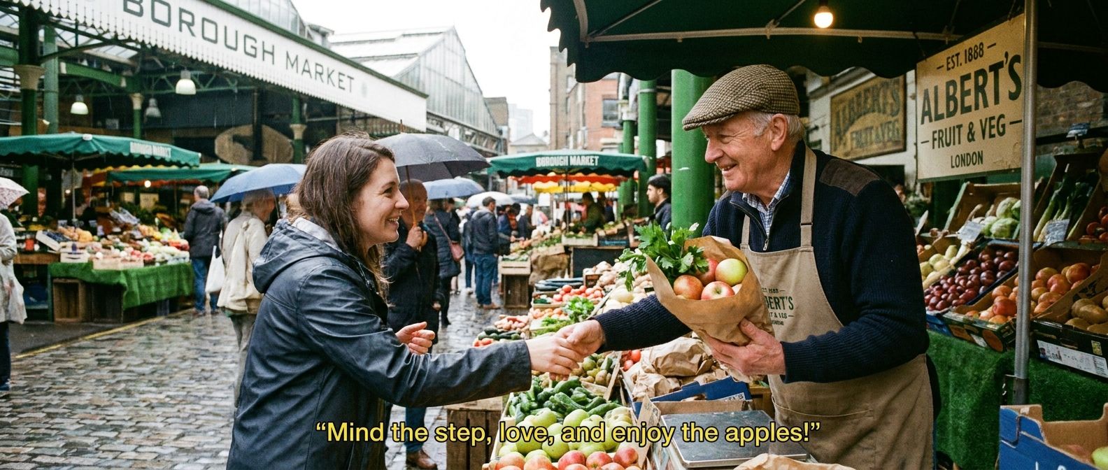 A vibrant, wide-angle photograph of a bustling traditional market stall in London, UK. A friendly British vendor is making eye contact with a customer while handing over a beautifully wrapped bundle of fresh produce, clearly giving a polite instruction or request, and the customer is reaching out, ready to comply. The scene is full of authentic British charm and activity, captured in soft natural light.