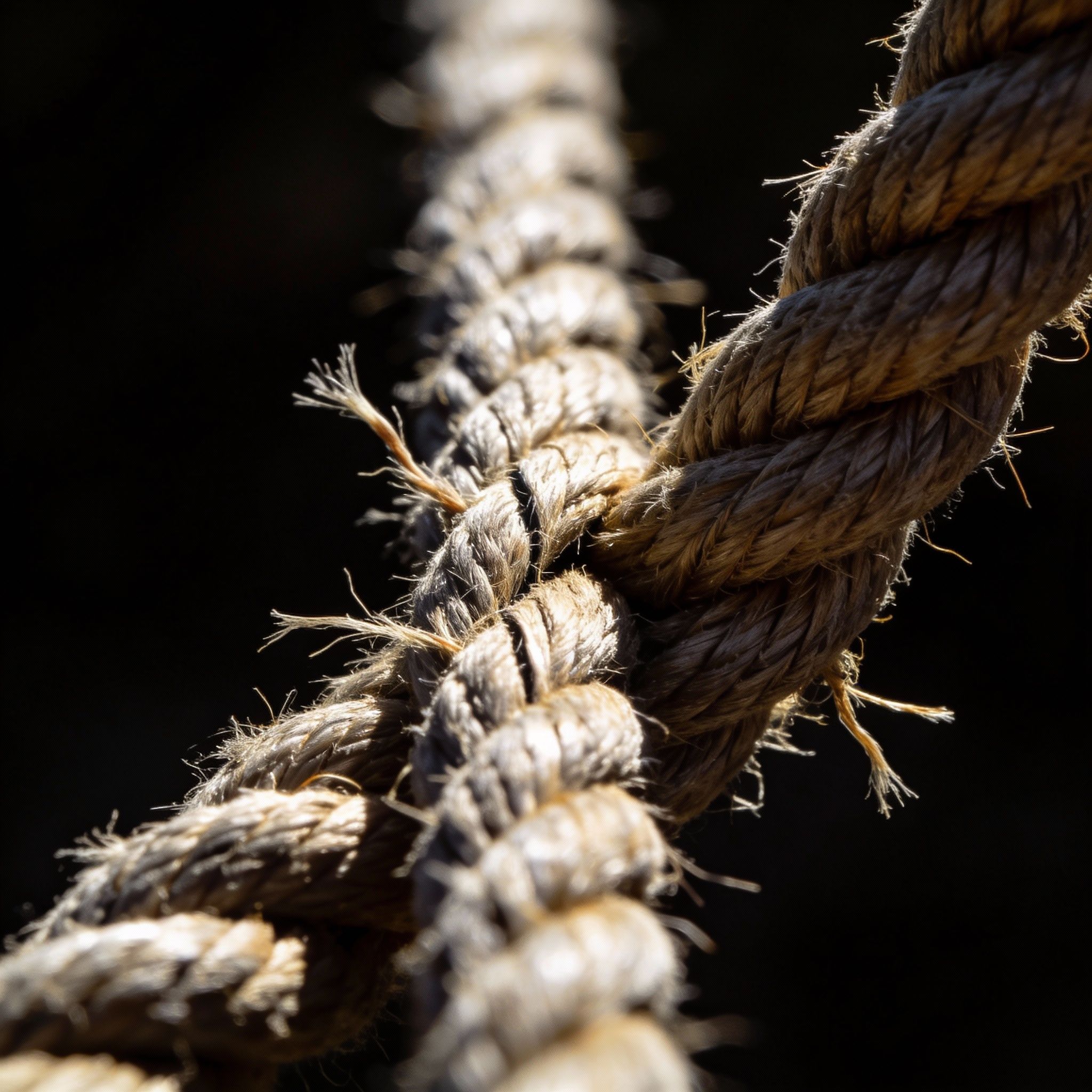 A tug-of-war rope stretched taut, right at the moment of peak tension before either side starts to give way. Focus on the texture of the rope fibers and the strain it's under. Dramatic, high-contrast lighting.