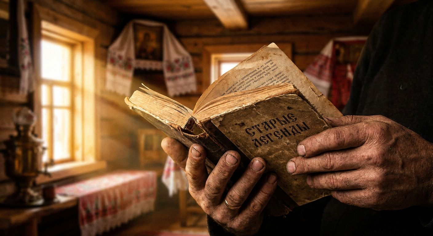 A dramatic close-up photograph of a person's hands holding an open, worn book with Cyrillic text, illuminated by a shaft of golden afternoon light from a window. The focus is on the intricate details of the pages and the tactile texture of the paper, against a blurred, cozy traditional Russian interior.