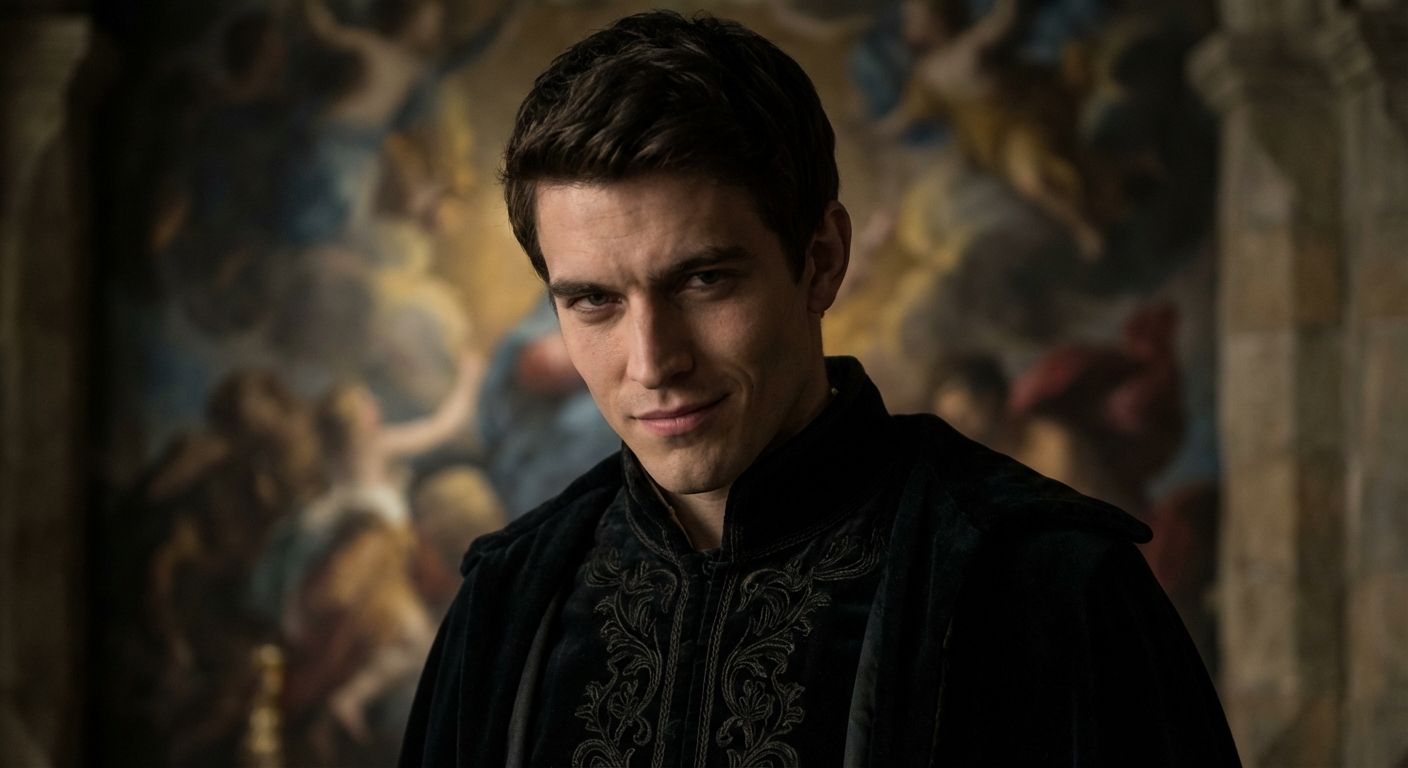 A dramatic close-up photograph of a charismatic young man with a sharp, sardonic gaze, dressed in dark, rich Renaissance-era attire, his expression hinting at both wit and a weary cynicism. In the blurred background, subtle, swirling patterns evoke a chaotic dreamscape, like the 'children of an idle brain', casting a shadow of impending fate. Intense, dramatic lighting.