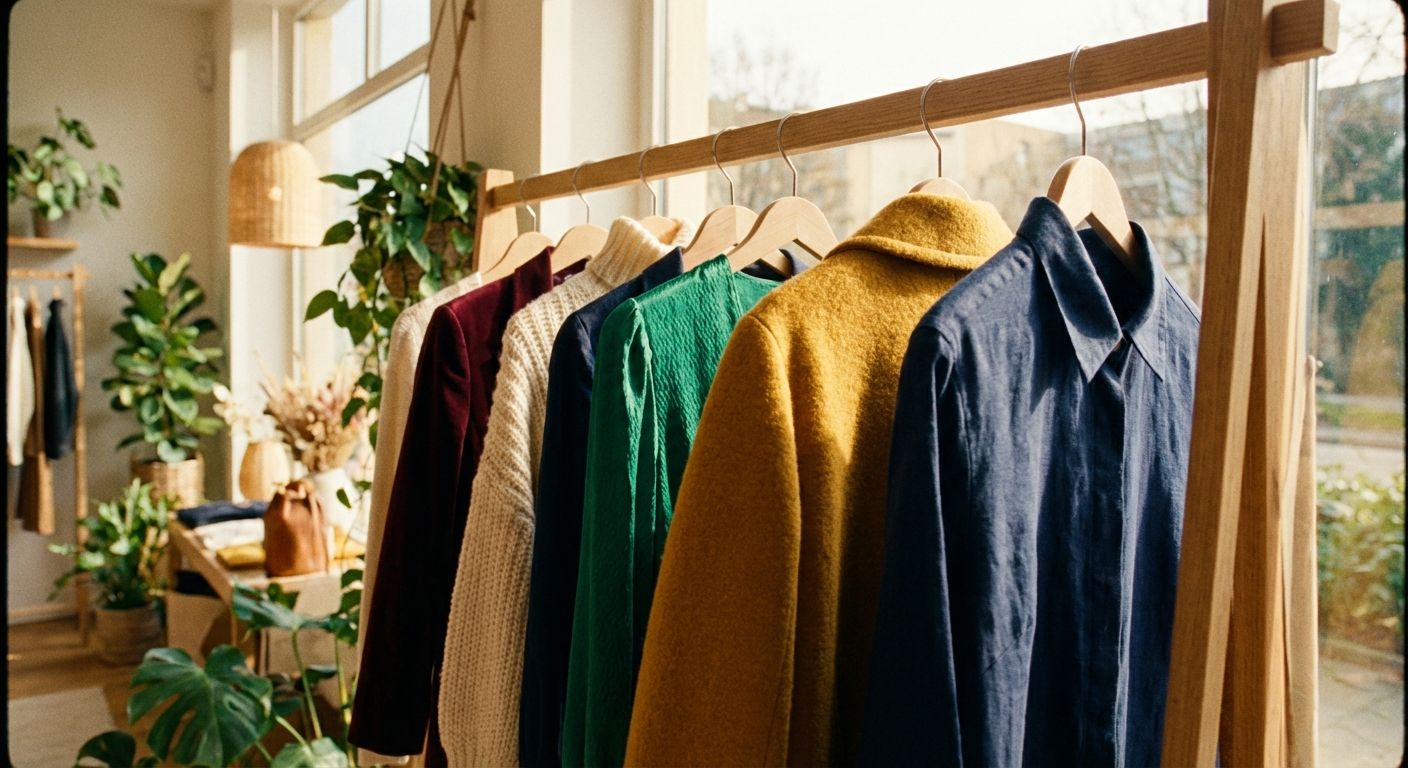 A cinematic close-up of a row of high-quality garments in various textures and vibrant colors hanging on a minimalist wooden rack. Warm sunlight streams through a large window, highlighting the soft fabric of a mustard-yellow wool coat and the crisp collar of a navy linen shirt in an elegant boutique.