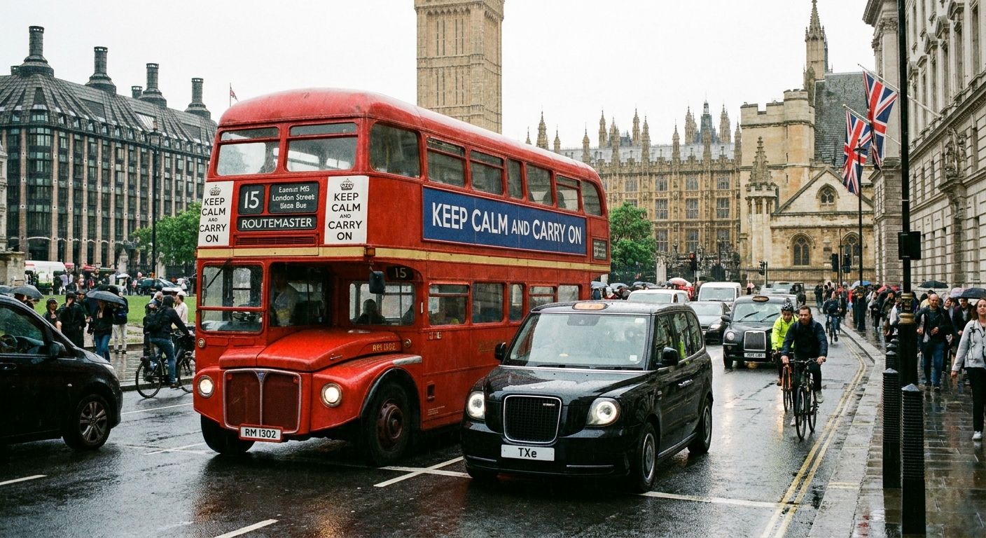 A vivid photograph of a classic red double-decker bus and a sleek black London taxi driving side-by-side down a bustling street in central London, with iconic British architecture forming the backdrop. The scene should emphasize the visual comparison between the two distinct vehicles as they navigate the city.