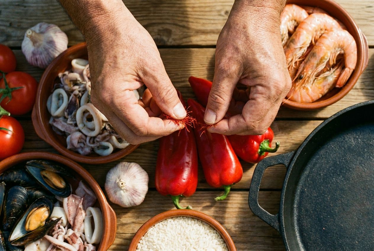 A top-down, extreme close-up photograph captures skilled hands delicately selecting vibrant, fresh ingredients like saffron threads, plump red peppers, and glistening seafood for a traditional Spanish paella. The array of options is spread on a rustic wooden table, bathed in warm, natural light that accentuates the rich textures and colors, composed for a 3:2 landscape frame.