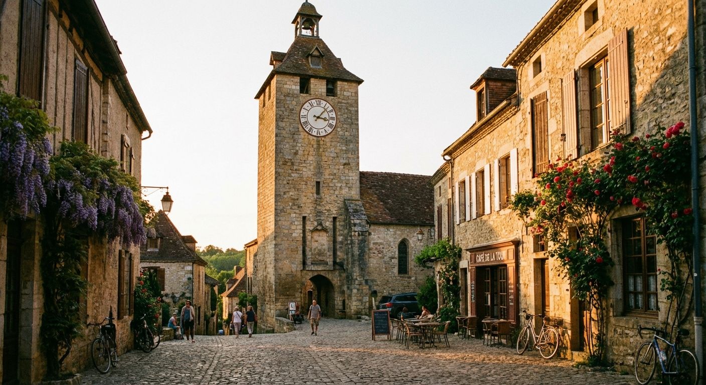 This is a medium shot of a charming European street scene, bathed in the warm glow of either sunrise or sunset, giving it a nostalgic and inviting atmosphere. The architectural style is distinctly European, featuring buildings constructed from aged stone with rustic shutters. A prominent clock tower, the tallest structure, stands as a central focal point. The cobblestone street adds to the old-world charm, with a few people leisurely strolling through the town. Lush greenery is draped over the buildings, with purple wisteria on the left and vibrant red flowers on the right. Two bicycles are parked on the street along with cafe tables.