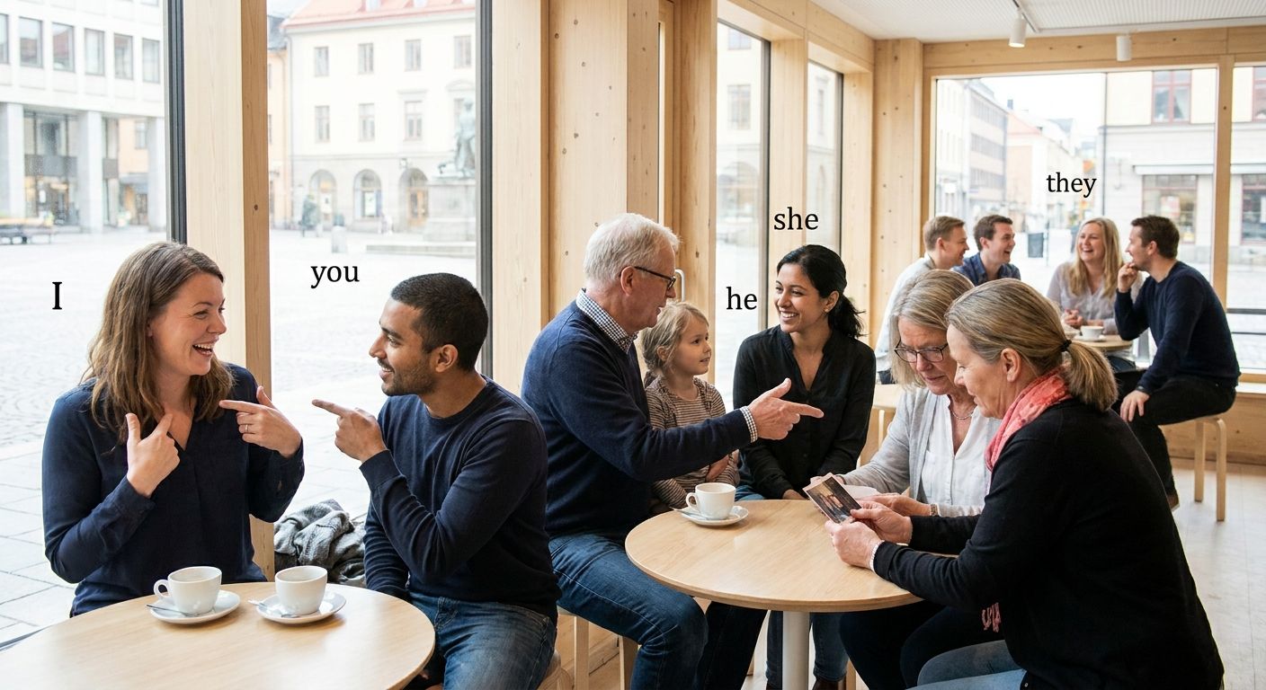 A diverse group of people, young and old, male and female, are interacting and conversing naturally in a bright, modern Swedish setting, like a fika cafe or a public square. The focus is on their individual expressions and subtle gestures of communication, capturing the essence of 'I', 'you', 'he', 'she', 'we', and 'they' in a single, vivid photograph.