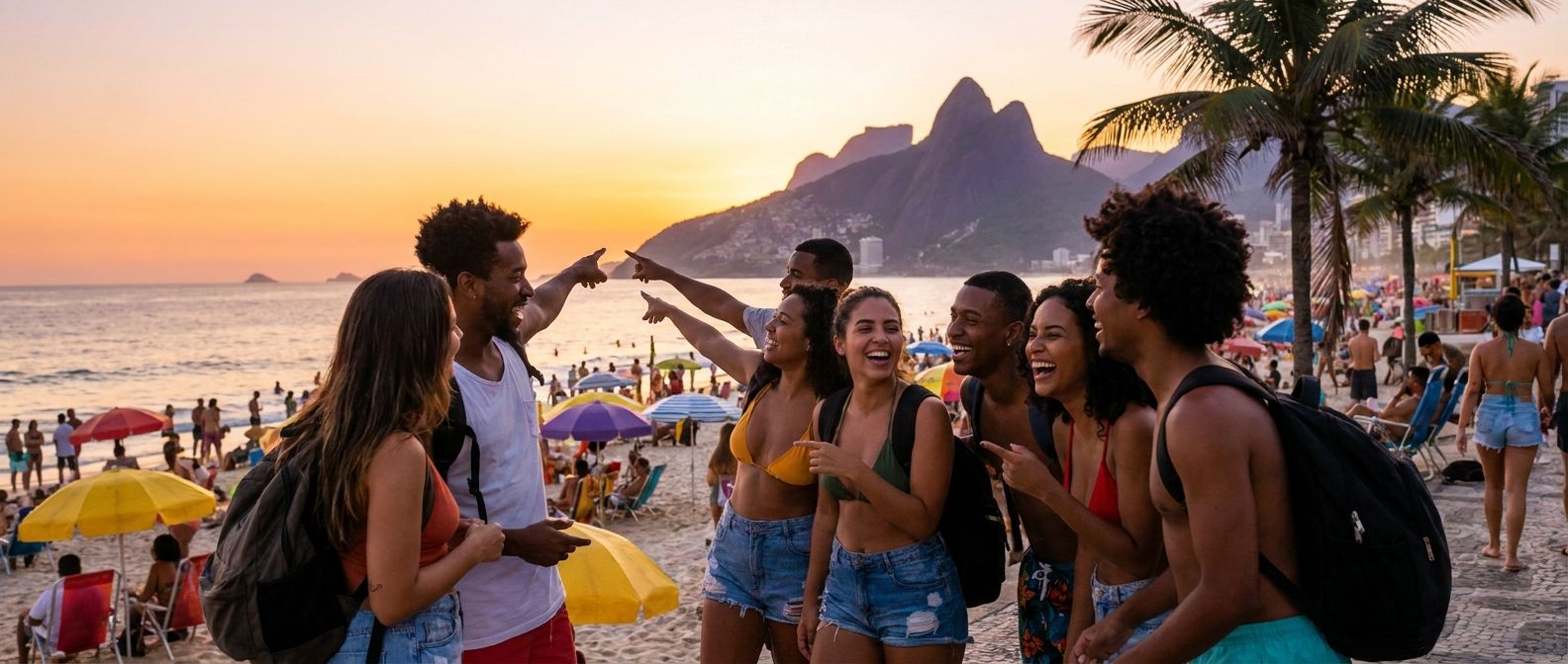 A vibrant, wide-angle photograph of a diverse group of young friends gathered on a lively beach in Rio de Janeiro, Brazil, at sunset. They are laughing, gesturing animatedly, and looking towards the horizon, full of anticipation as they discuss their upcoming plans for the evening or the next day, with the iconic Sugarloaf Mountain in the background.