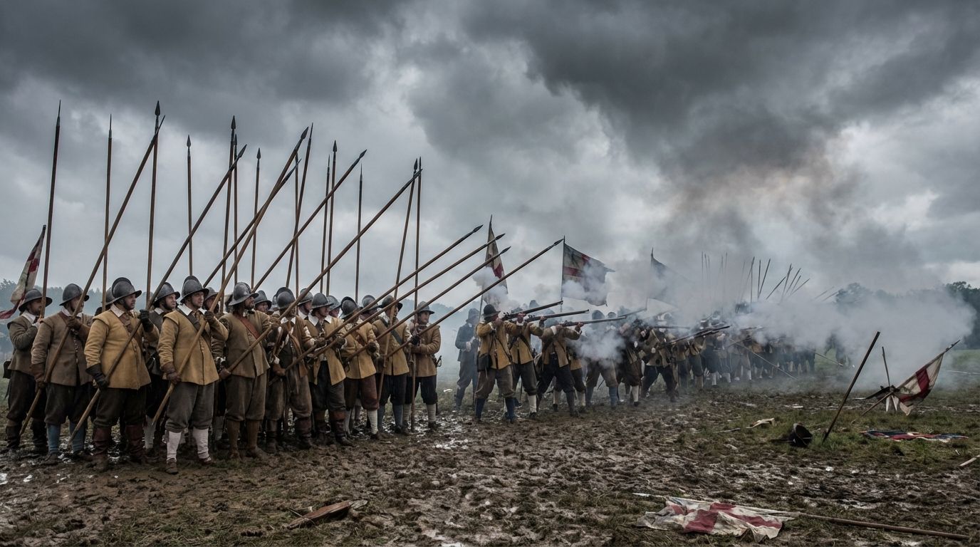 A dramatic wide-angle photograph of 17th-century English Civil War soldiers in a 'pike and shot' formation. A line of disciplined pikemen with long, imposing pikes stands ready, protecting musketeers who are firing or reloading their early muskets amidst smoke. The scene is set on a muddy, atmospheric battlefield under a dramatic, overcast sky, capturing the grim reality and professional discipline of early modern warfare.
