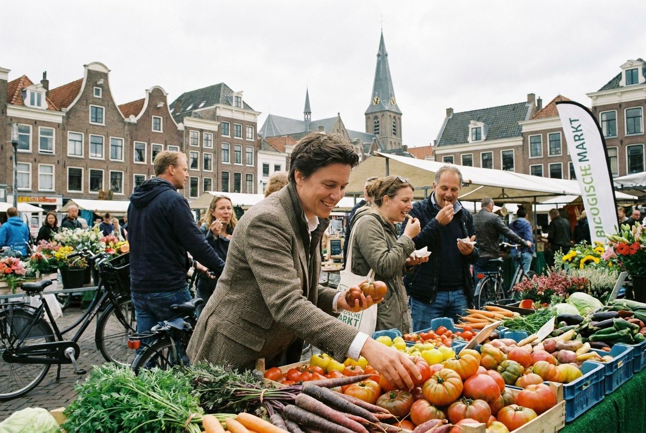 A vibrant, bustling Dutch market scene, with a focus on a person selecting fresh, colorful vegetables from a stall. The atmosphere is lively under soft daylight, with traditional Dutch architecture visible in the background, composed for a 3:2 landscape photograph.