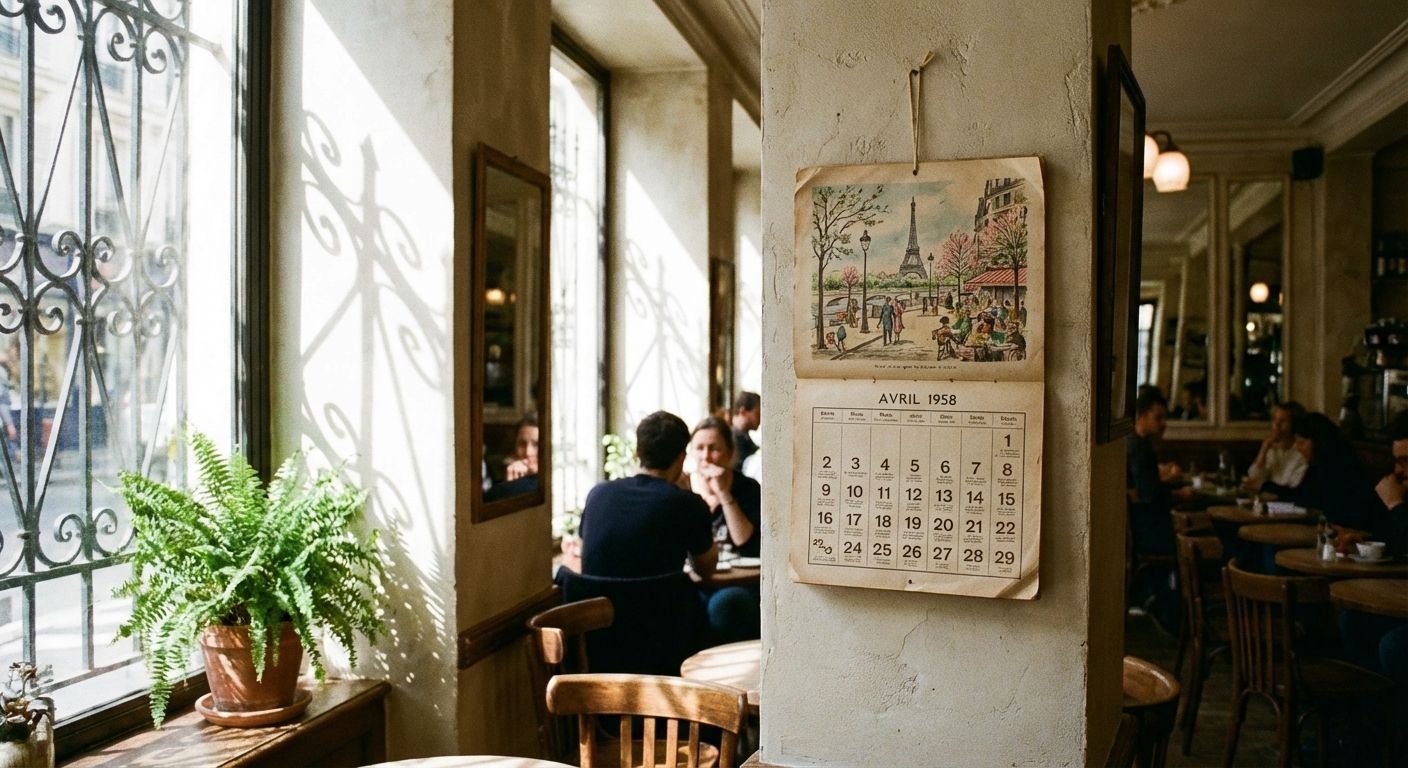 The image captures the intimate atmosphere of a Parisian café. The style leans towards vintage, with a warm, slightly desaturated color palette dominated by browns, creams, and muted greens. Natural light streams in from large windows on the left, casting strong shadows on the textured, off-white walls. A potted fern sits on the windowsill, adding a touch of greenery.

The composition is layered, with the foreground featuring a vintage "April 1958" calendar hanging on the wall. In the midground, patrons are seated at small wooden tables, engaged in conversation. Mirrors are placed on the back wall behind them. The overall mood is cozy and nostalgic.