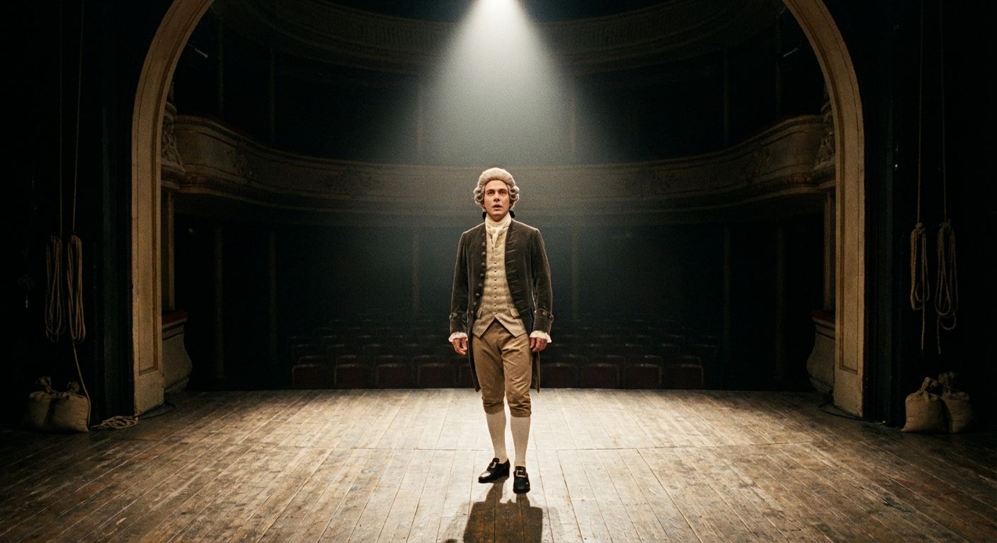 The image has a theatrical, dramatic style. A man dressed in 18th-century attire stands center stage in a spotlight. He wears a powdered wig, a long brown coat, a patterned vest, light-colored breeches, and stockings. The color palette consists of muted earth tones – browns, creams, and blacks – with the stage bathed in warm, golden light. The composition is symmetrical with the figure positioned in the center of the stage and a spotlight shining down from above. The background is a darkened theater, complete with an arched proscenium and rows of empty seats, adding to the sense of solitude and drama.