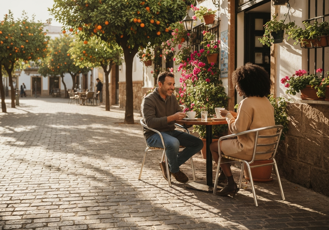A warm, candid photograph of two Spanish people engaged in a gentle, respectful conversation over coffee in a sunlit outdoor cafe in Spain. One person has a soft, inviting expression, subtly offering a suggestion or making a polite request with a slight hand gesture, while the other listens with quiet attention, conveying an atmosphere of thoughtful interaction and courtesy.