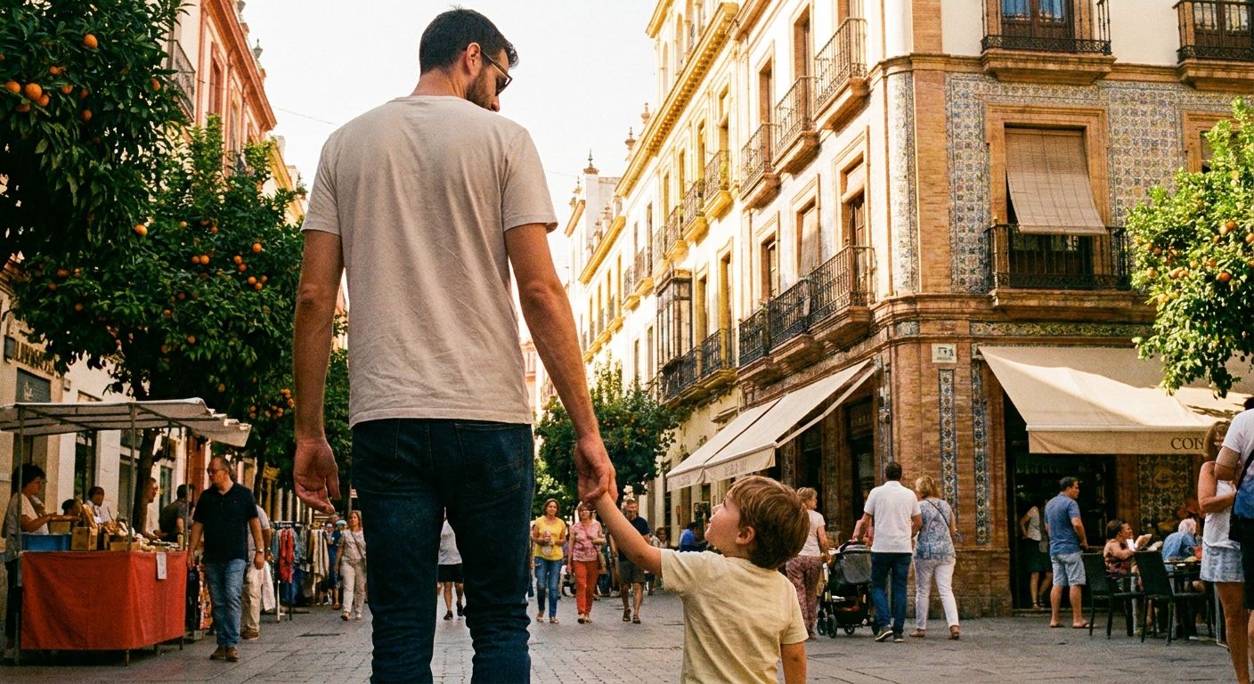 A candid photograph of a tall adult and a shorter child, holding hands and walking together down a vibrant, sun-drenched street in Seville, Spain, with ornate architecture in the background. The composition should subtly highlight the height difference between the two individuals.