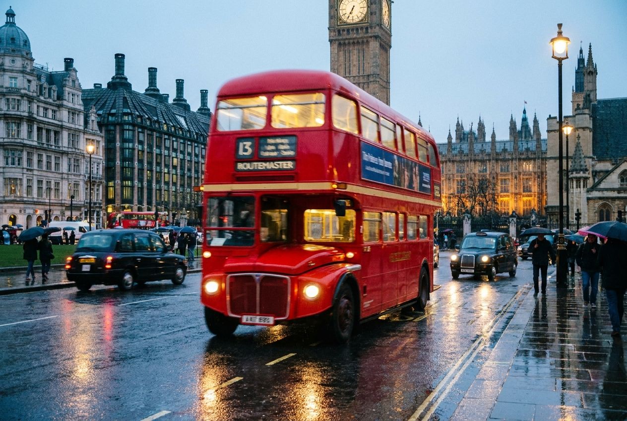 A striking street-level photograph of a bright red double-decker bus moving through a bustling London street at dusk, its headlights cutting through the soft light. The iconic bus dominates the 3:2 landscape frame, with reflections on the wet pavement and blurred historic buildings in the background, conveying the vibrant energy of British city travel.