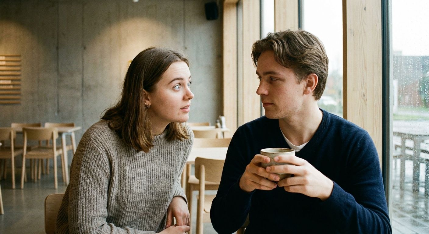 A candid, close-up photograph of two young people, possibly students, engaged in a direct conversation at a modern, minimalist Swedish cafe. One person looks intently at the other with an inquisitive expression, as if asking a straightforward yes/no question, while the other holds a coffee cup, listening with a thoughtful gaze, bathed in soft, natural light.