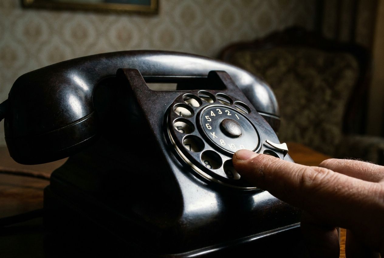 A dramatic close-up photograph of a vintage Soviet-era rotary telephone, its dark Bakelite surface gleaming under a sharp, directional light, casting deep shadows. A finger is paused over the rotary dial, hinting at a moment of connection or anticipation, with a subtly blurred background suggesting a classic Russian interior, composed for a 3:2 landscape frame.