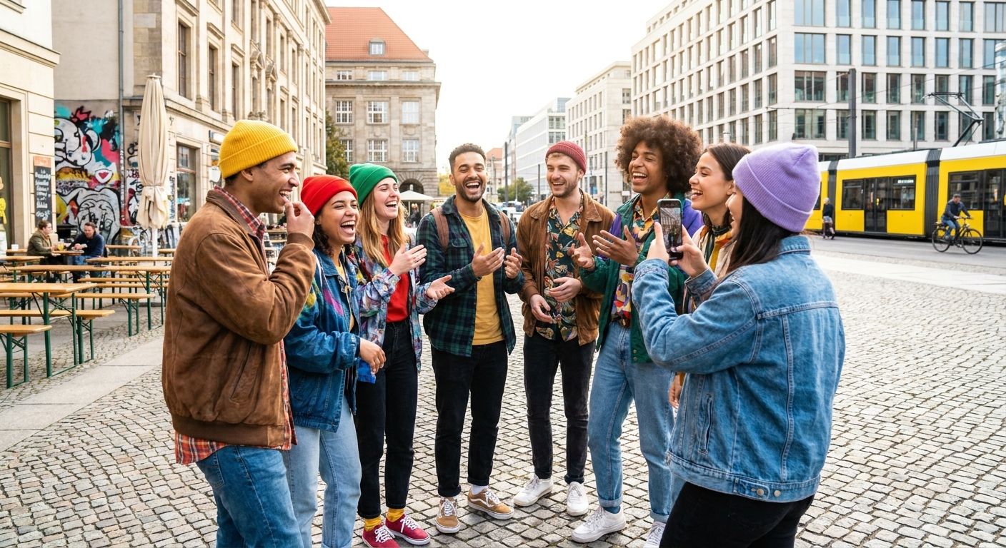 A vibrant photograph of a diverse group of young German friends (18-25 years old) laughing and gesturing animatedly while hanging out in a trendy urban square in a German city. They are dressed in modern, casual fashion, with one person perhaps holding a smartphone, capturing a sense of youthful energy and connection in natural light.
