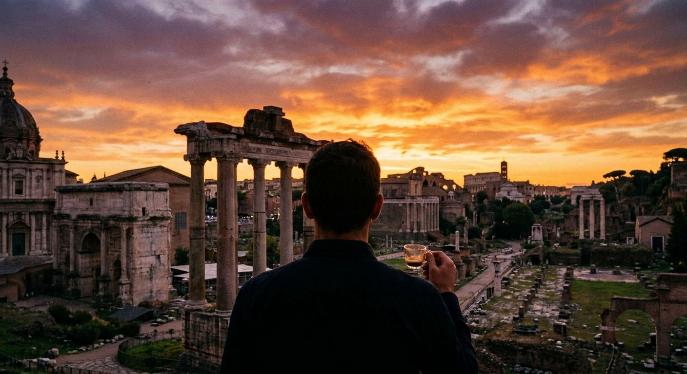 A person stands with their back to the camera, silhouetted against a vibrant Italian sunset over the ancient Roman Forum, holding an empty espresso cup. The golden light highlights the historical ruins, evoking a sense of reflection on a day's completed activities.