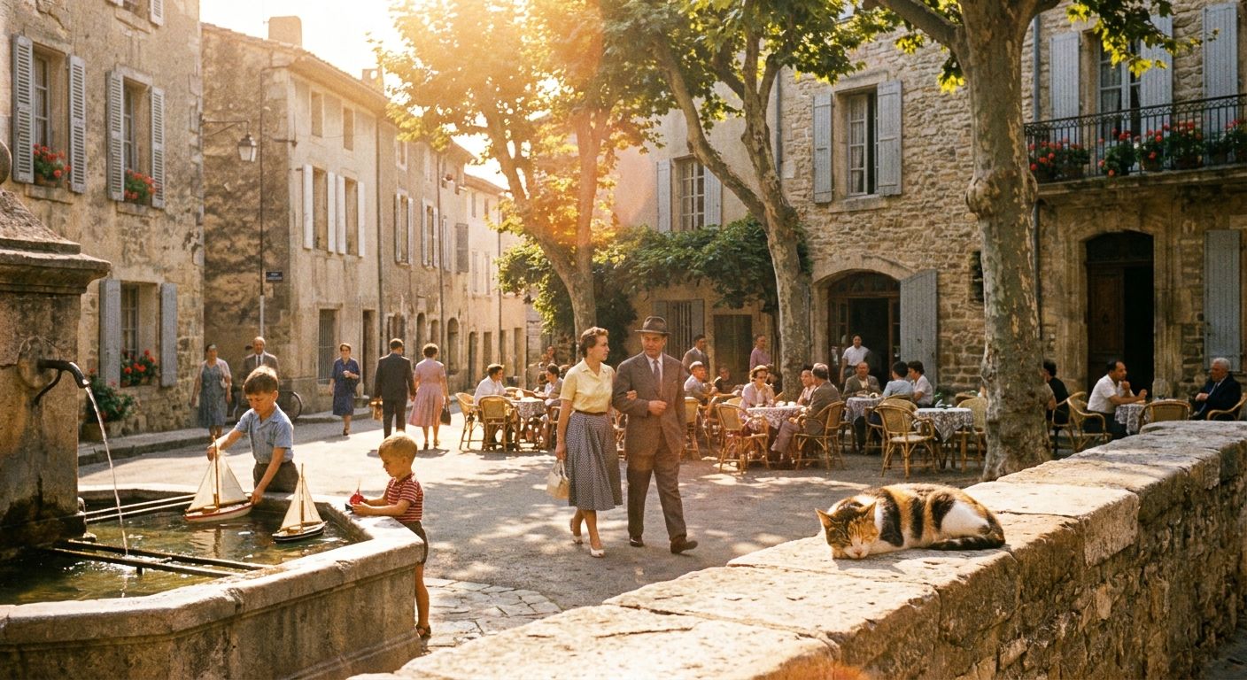 A vibrant, nostalgic photograph of a charming French village square during a warm afternoon. People are casually strolling, children are playing near a fountain, and a cat is napping on a sun-drenched stone wall, capturing a timeless, idyllic memory. Sunlight bathes the scene.