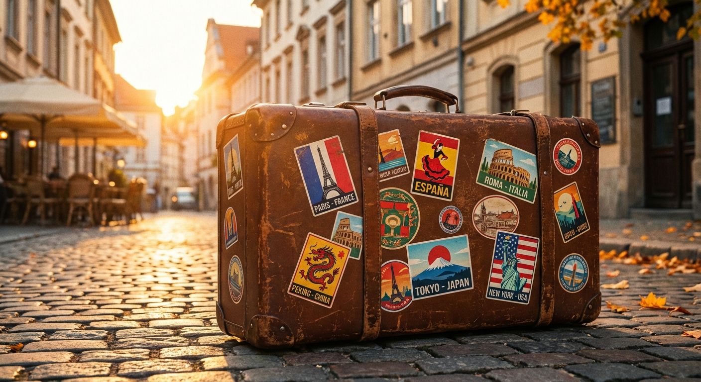 A vintage suitcase covered in colorful travel stickers from different countries around the world, such as France, Spain, Italy, China, Japan, and the USA. The suitcase is sitting on a cobblestone street, bathed in warm, golden light.