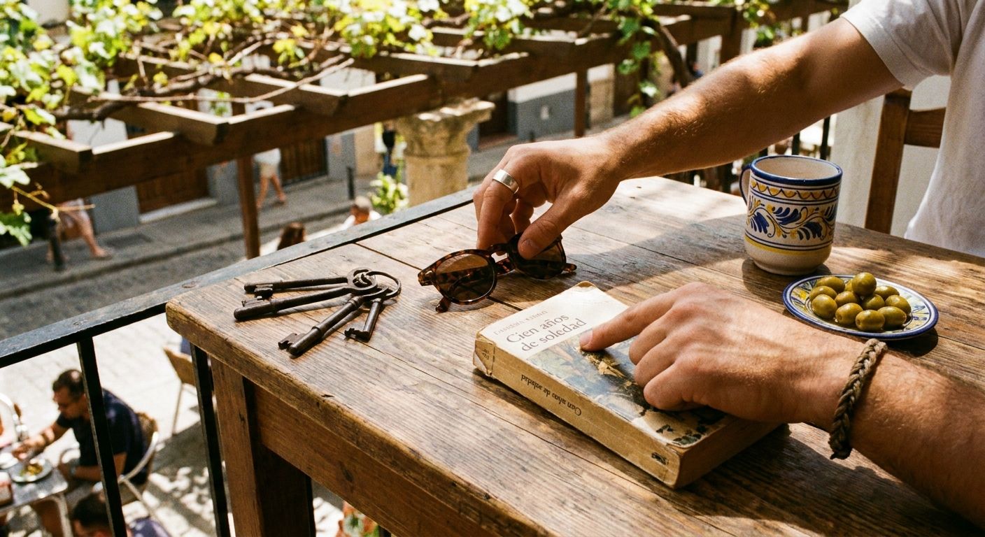 A vibrant, high-angle photograph of a rustic wooden table in a sunny Spanish outdoor cafe. On the table, various personal items are laid out: a stylish pair of sunglasses, a set of old metal keys, a well-read book, and a traditional ceramic cup. Two distinct hands are visible in the frame, one gently claiming a pair of sunglasses, the other pointing towards a different item, creating a clear visual distinction of "mine" and "yours." The scene is warm and inviting, with dappled sunlight.