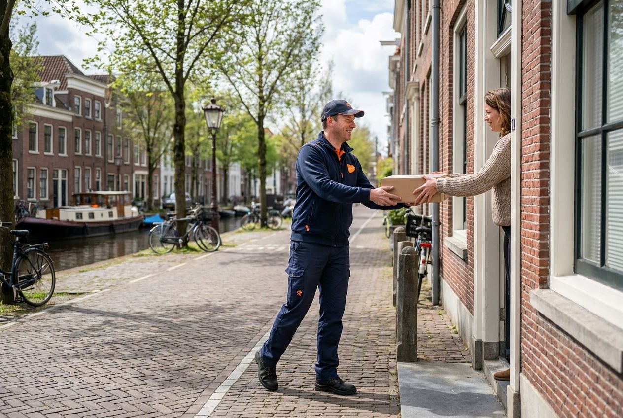 A vibrant, candid photograph of a Dutch postman, in a classic uniform, mid-stride as he hands a parcel to a resident at the doorstep of a traditional brick house. The specific, completed action of the delivery is sharply in focus against the slightly softer, serene backdrop of a quiet, picturesque Dutch canal-side street, composed for a 3:2 landscape frame.