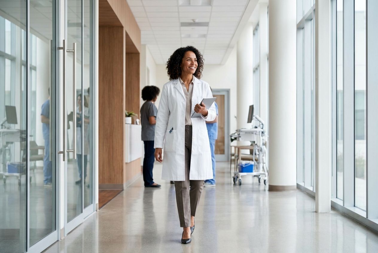 A confident Brazilian female doctor, mid-stride, walking through a brightly lit, modern hospital corridor. She wears a crisp white lab coat and carries a tablet, with a determined yet warm expression. The scene is captured in a vivid, realistic photograph, composed for a 3:2 landscape frame.