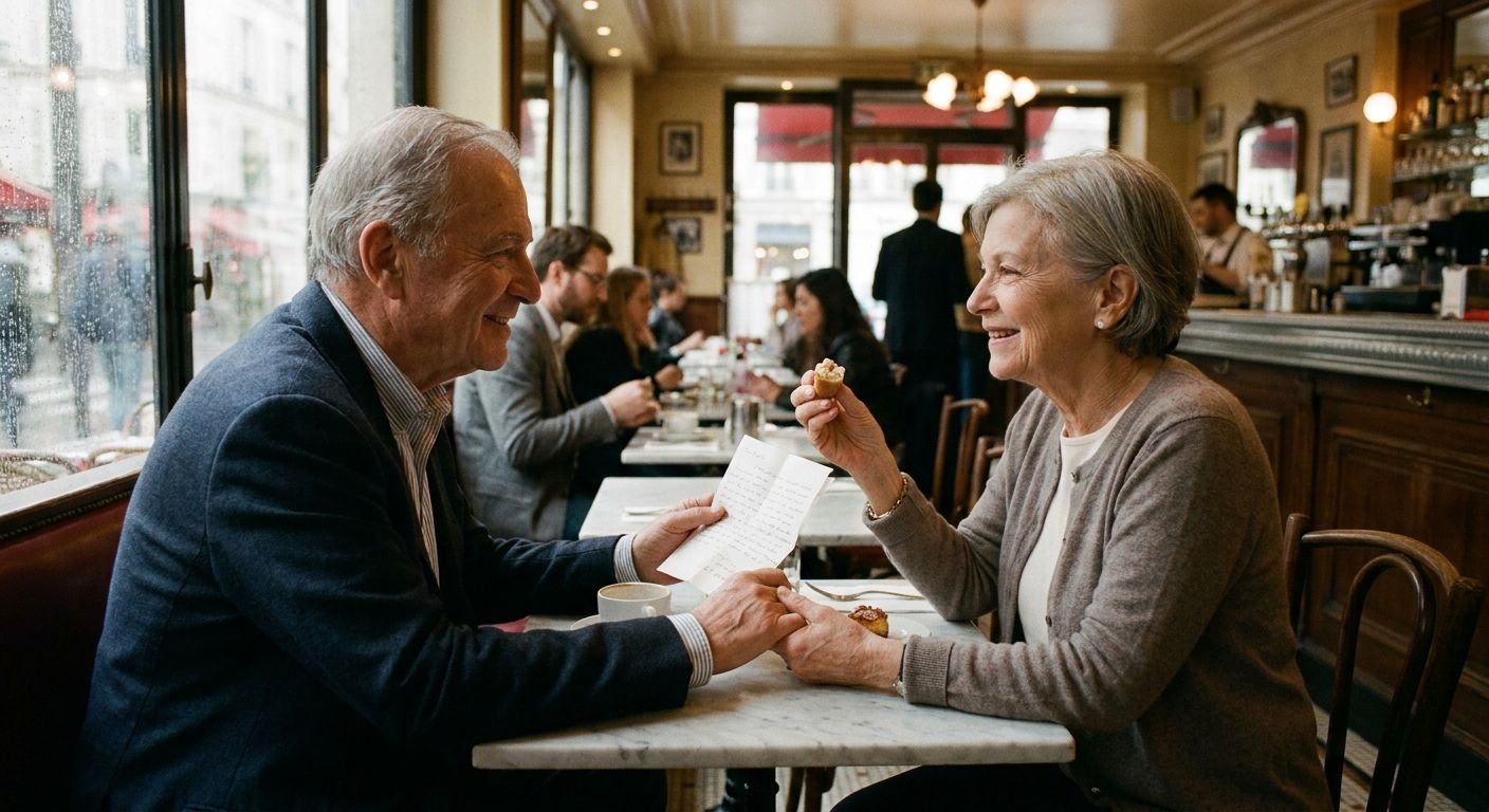 A warm, candid photograph of two people in a charming Parisian café, their hands subtly gesturing or exchanging a small handwritten note or a delicate pastry across a marble table, capturing a moment of direct, fluid communication. Soft, natural light filters through the window, creating a cozy atmosphere.