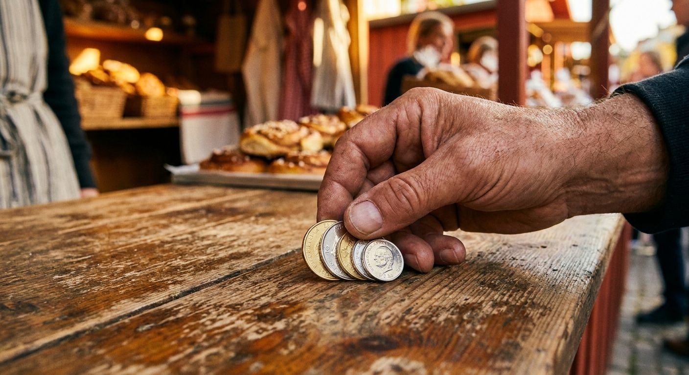 A close-up, vibrant photograph of a hand confidently placing a small stack of shiny Swedish kronor coins onto a rustic wooden counter. In the softly blurred background, a traditional Swedish market stall or bakery is visible, bathed in warm, inviting light.