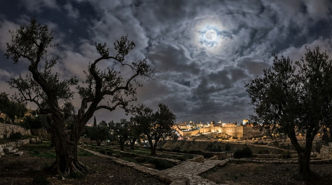 A dramatic, wide-angle photograph of ancient, gnarled olive trees in a moonlit garden, their twisted branches reaching towards a dramatic night sky. In the background, the softly lit ancient walls of Jerusalem are visible under the same sky, evoking a sense of solemnity, impending fate, and betrayal.