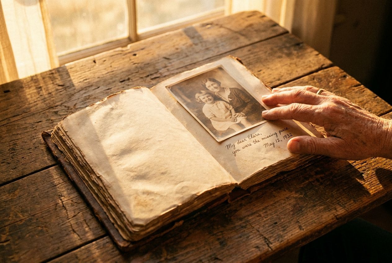 A close-up photograph of a weathered, open journal resting on a rustic wooden table, with one hand gently hovering over a page containing a faded, surprising photograph or a handwritten note. The scene is bathed in warm, nostalgic light, evoking a sense of discovery, empathy, and a moment of quiet revelation, composed for a 3:2 landscape frame.
