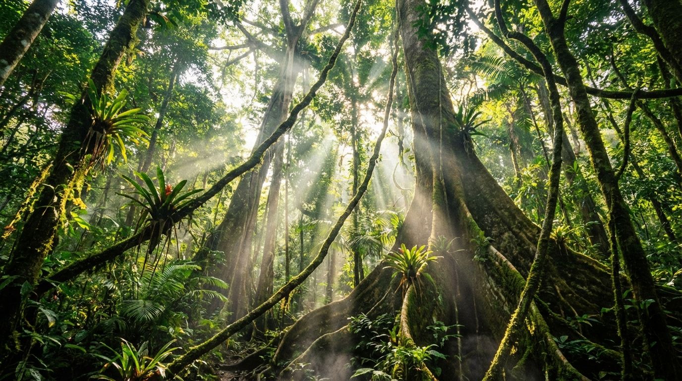 A breathtaking wide-angle photograph looking up through the dense, layered canopy of a vibrant tropical rainforest, with giant emergent trees piercing through the top and intricate lianas winding downwards. Dramatic sunbeams filter through the thick foliage, illuminating the humid air and the massive buttress roots on the forest floor.
