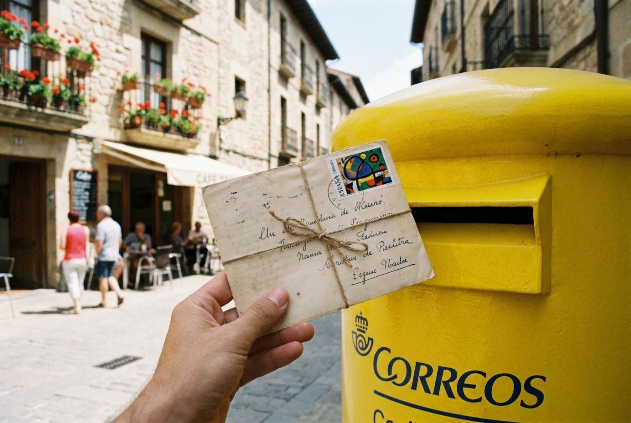 A close-up, eye-level photograph of a hand holding a handwritten letter and a colorful Spanish stamp, about to drop it into a bright yellow 'Correos' (Spanish post office) street mailbox. The background features a charming, sunlit Spanish street scene, slightly blurred, composed for a 3:2 landscape frame.